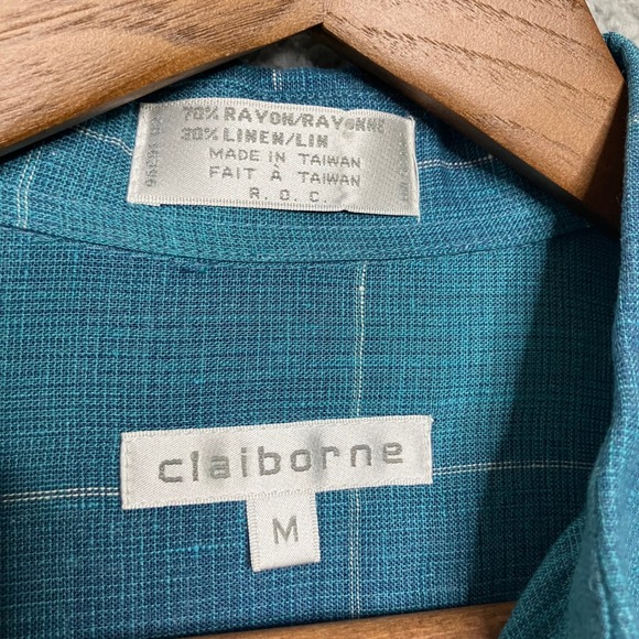 Vtg Claiborne Button Down Shirt Men M Teal Blue Plaid Linen Blend Breathable 90s - Picture 3 of 7
